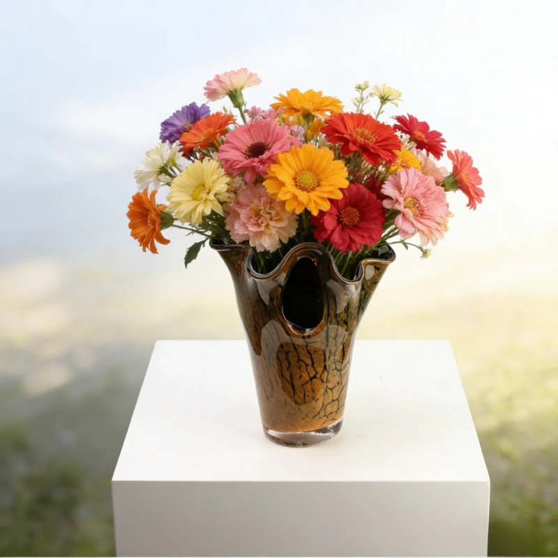 

Modern art hand-blown glass flower vase with ruffled edges and unique crack patterns decorating the vase