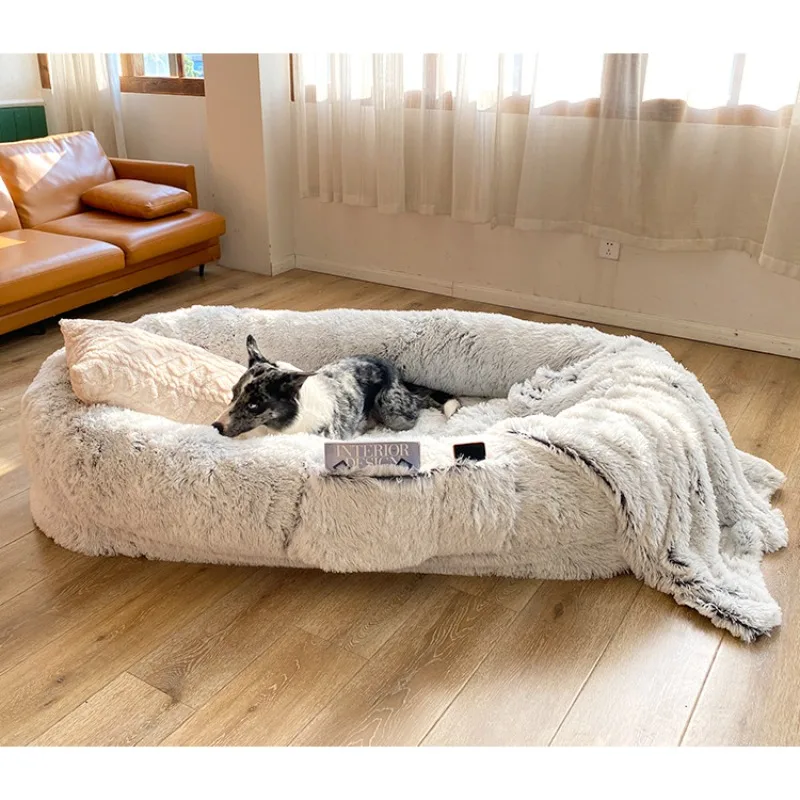 Human Size Round Pet Bed, Long Plush Dog Nest With Sponge Mat For Winter