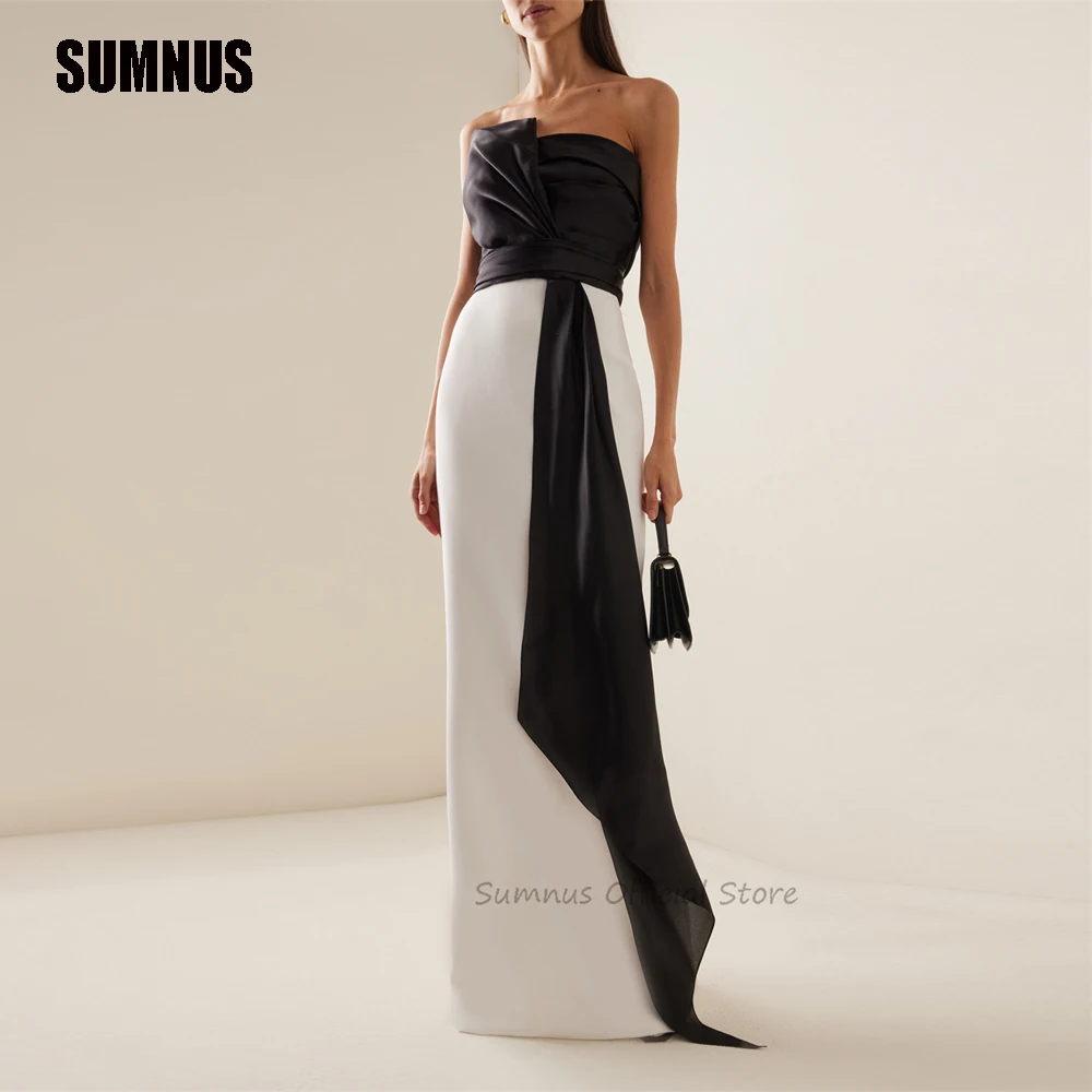 SUMNUS 블랙 화이트 패치워크 무도회 드레스, 인어 스트랩리스 구김 파티 원피스, 긴 이브닝 가운, 여성 플리츠 정장 드레스