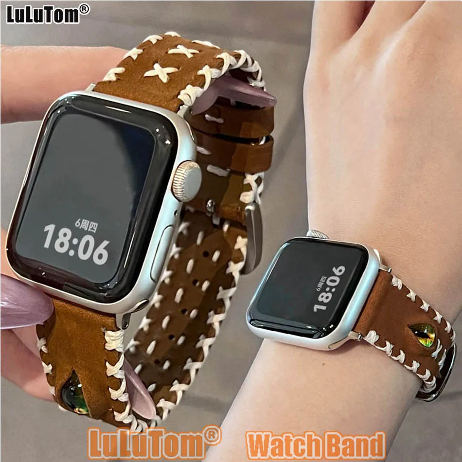 

Кожаный ремешок с прошивкой «кошачий глаз» для Apple Watch 38 40 41 42 44 45 46 49 мм, ремешок iWatch Series 10 9 8 7 6 SE 5 4 3 Ultra Bracelet