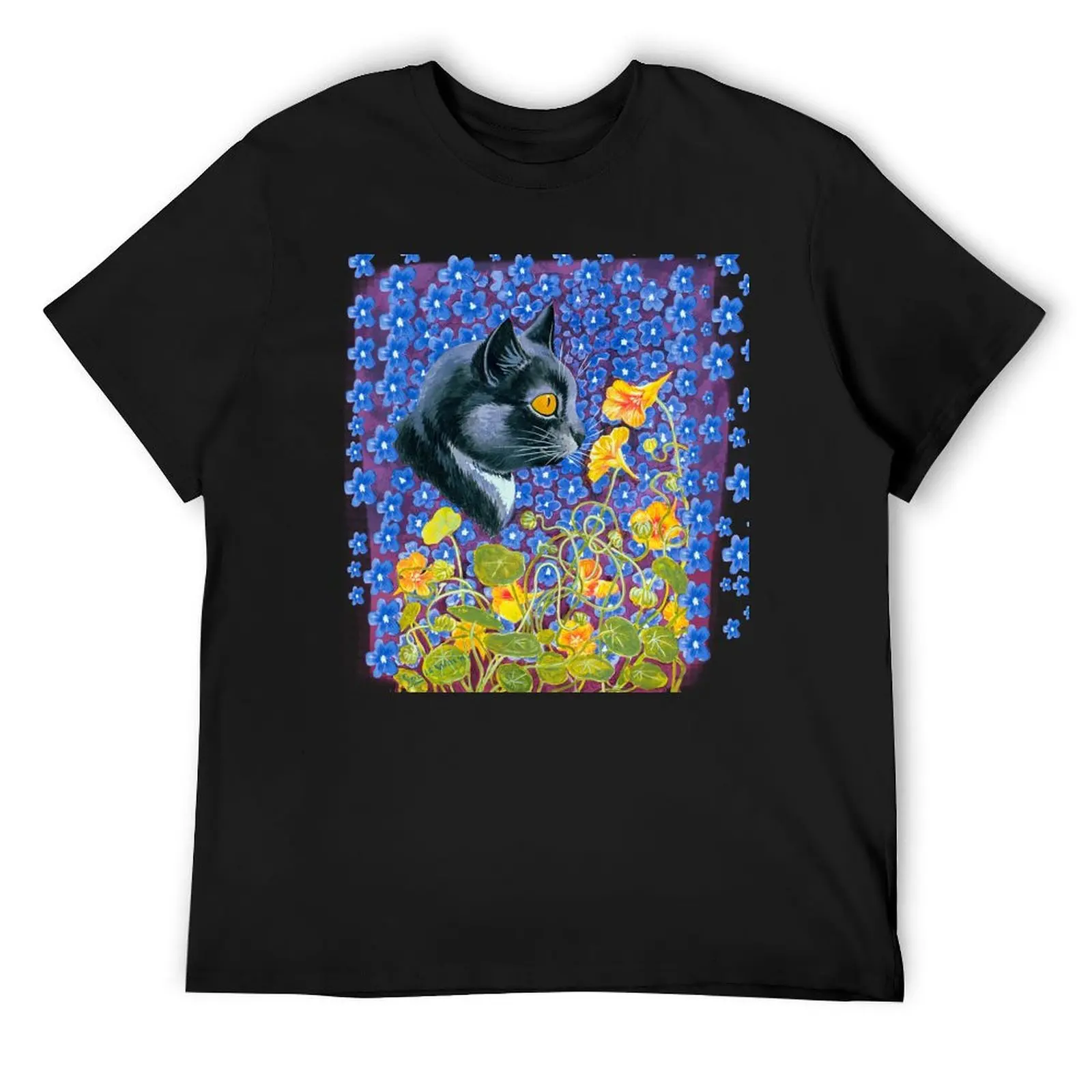 

A Cat In A Sea Of Flowers By Louis Wain Black cat with flowers T-Shirt custom t shirt blue archive anime shirts men