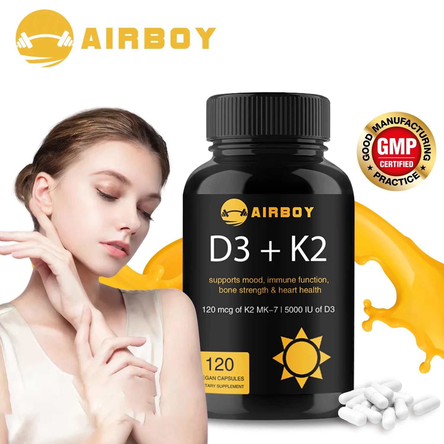 Vitamin D3+K2 Capsules - For Regulate Calcium Metabolism, Promote Bone, Heart and Immunity System Health