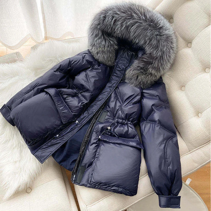 Drawstring Slim Fashion Parkas Winter Women Office Lady Warm Jackets Snow Wear Large Fur Collar Glossy Coats Female 2023 New