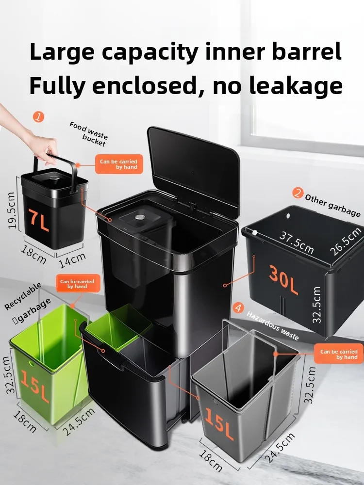 

Sensor-activated, large-capacity, stainless steel, wet and dry separation recycling bins for home use in kitchens living rooms.