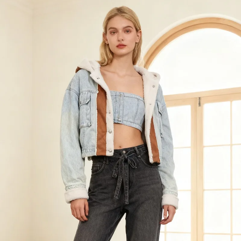 Patchwork Suede Furry Jackets Fluffy Single Breasted Hooded Denim Plush Coats Faux Lamb Warm Thick Casual Short Overcoats Street