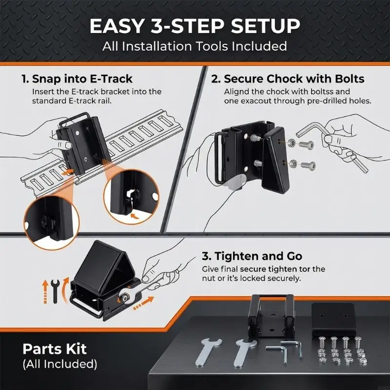 Motorcycle Wheel Chock with E-Track Base and Hardware Metal Wheel Restraint Bracket for Trailer Loading, Garage H9EE