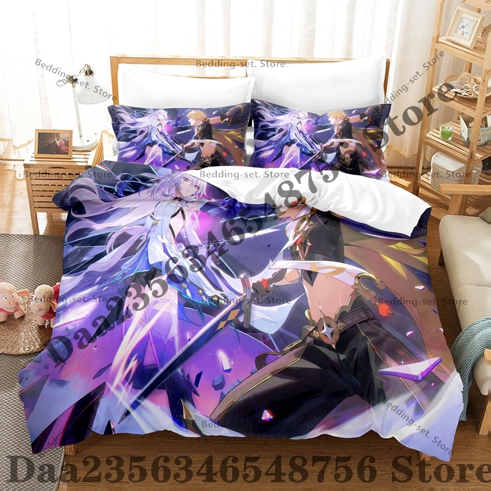 Kawaii Anime Aether And Lumine Bedding SetThree Piece Bedding Set - Luxury Comforter Set with Queen King Size Including Anime