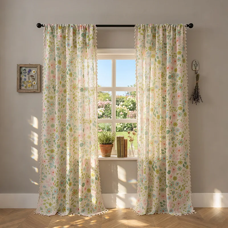 Picture 3: 1PC New Semi-Sheer American Style Curtain, Bamboo Hemp Fabric, Floral Pattern, Rod-Pass Through, Fresh Country Style, Single Pie