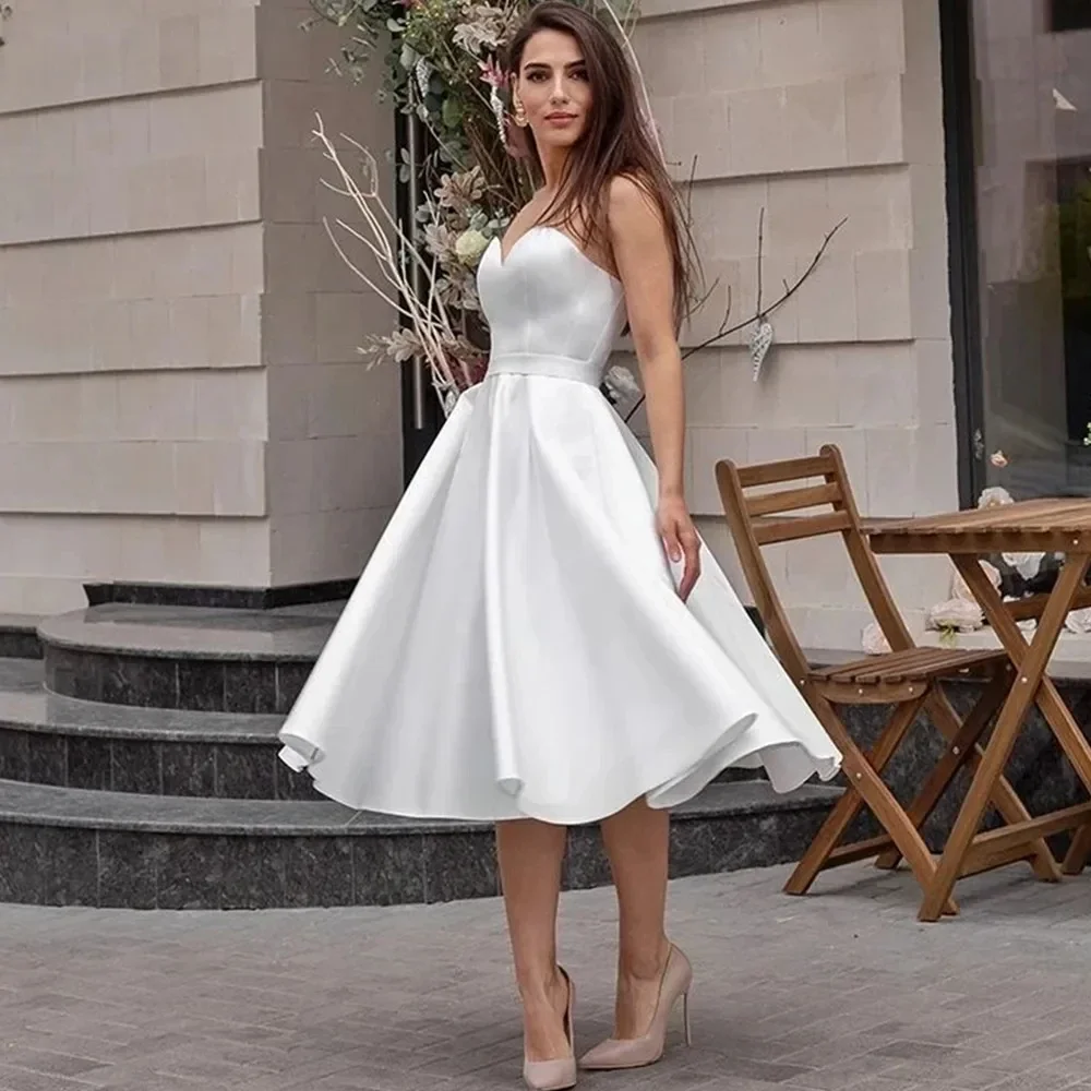 Luxury Wedding Dress For Women 2024 White Simple Short A-Line Strapless Satin Prom Gowns Backless Pleat Vestidos De Novia