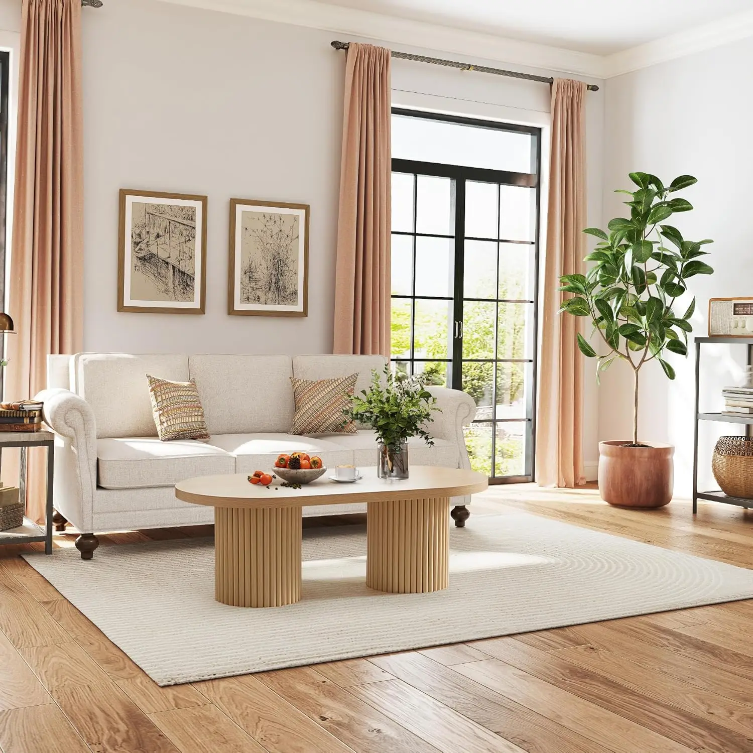 Oval Fluted Coffee Table, Farmhouse Wood Coffee Table Mid Century Modern Center Table Boho Living Room Tables For