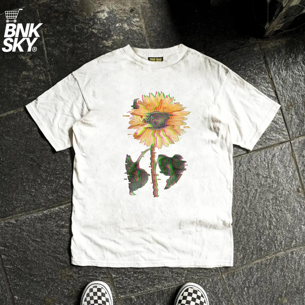 Wang Studio 220G Lightweight High Weave Non-Light Short Sleeve T-Shirt Cartoon Retro Vaporwave Sunflower Design Fashionable C...