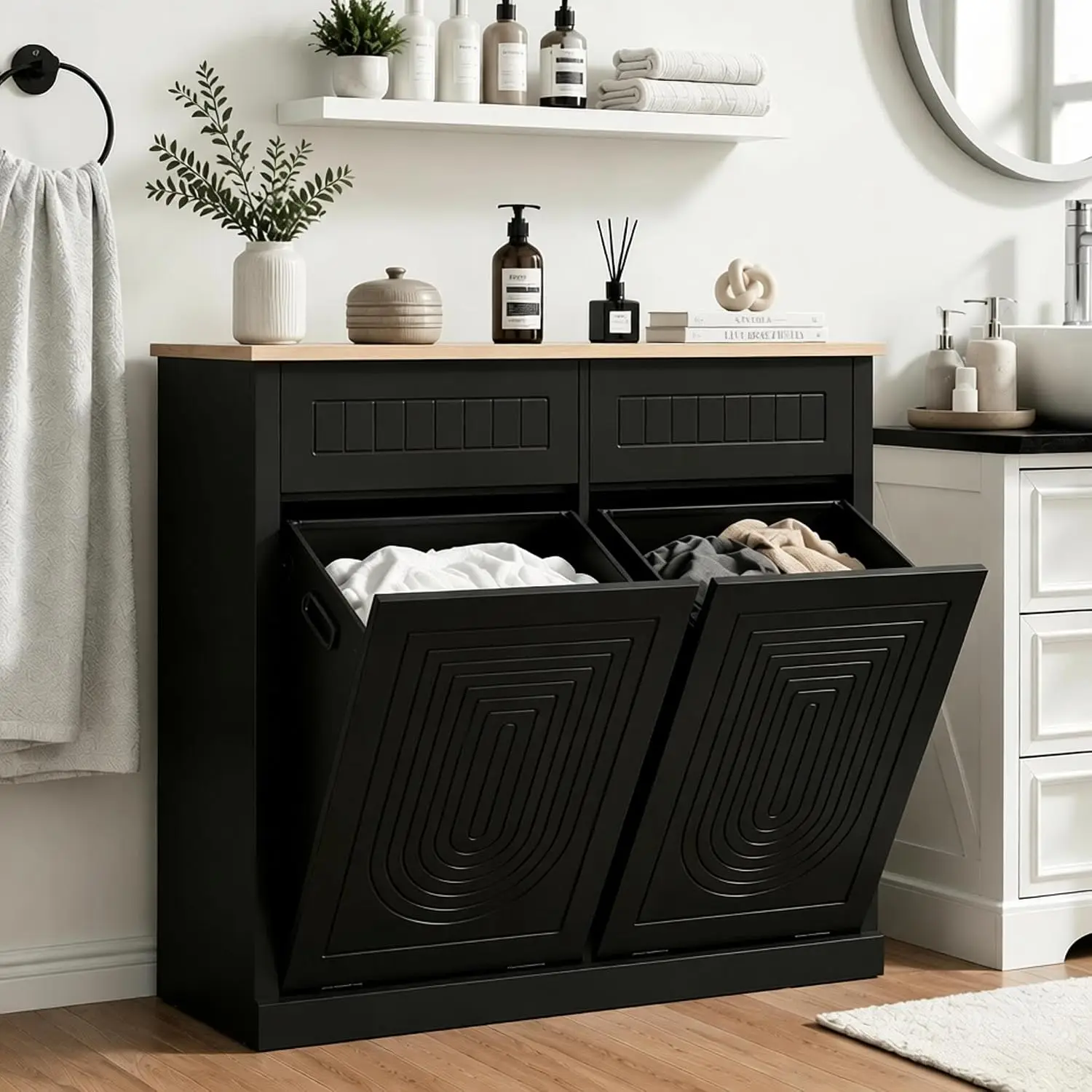 Double Tilt Out Laundry Hamper Cabinet, 20 Gallon Modern Trash Can Cabinet, Customized