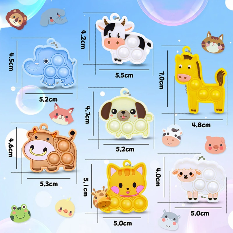 10Pcs New Cartoon Animal Pop Keychain Hanging Stress Relief Toys for Kids Birthday Party Favors Guest Gifts Goodies Filler