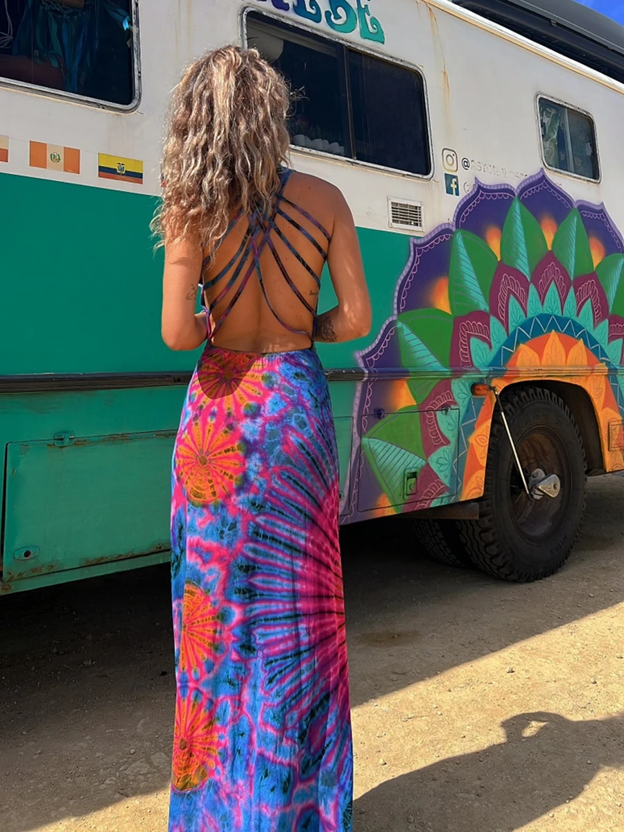 Chique En Elegante Vrouwen Stropdas Dye Print Spaghetti Halter Maxi Losse Jurk Vrouwelijke Vakantie Jurk Vestidos