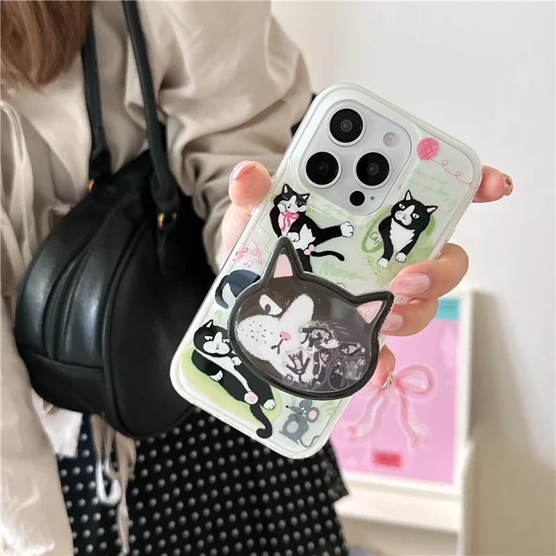 

Funny Cute Black Cat Phone Case For iPhone 16 Pro 15 14 13 Pro Max Cover with Shaking Stand Holder Cartoon Cases