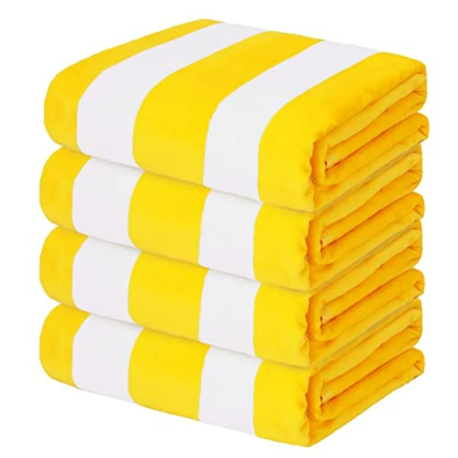 

Beach towel set for travel, pool, and bath use; cotton material; yellow color; oversized 35x70 inches, cabana stripe pattern, t
