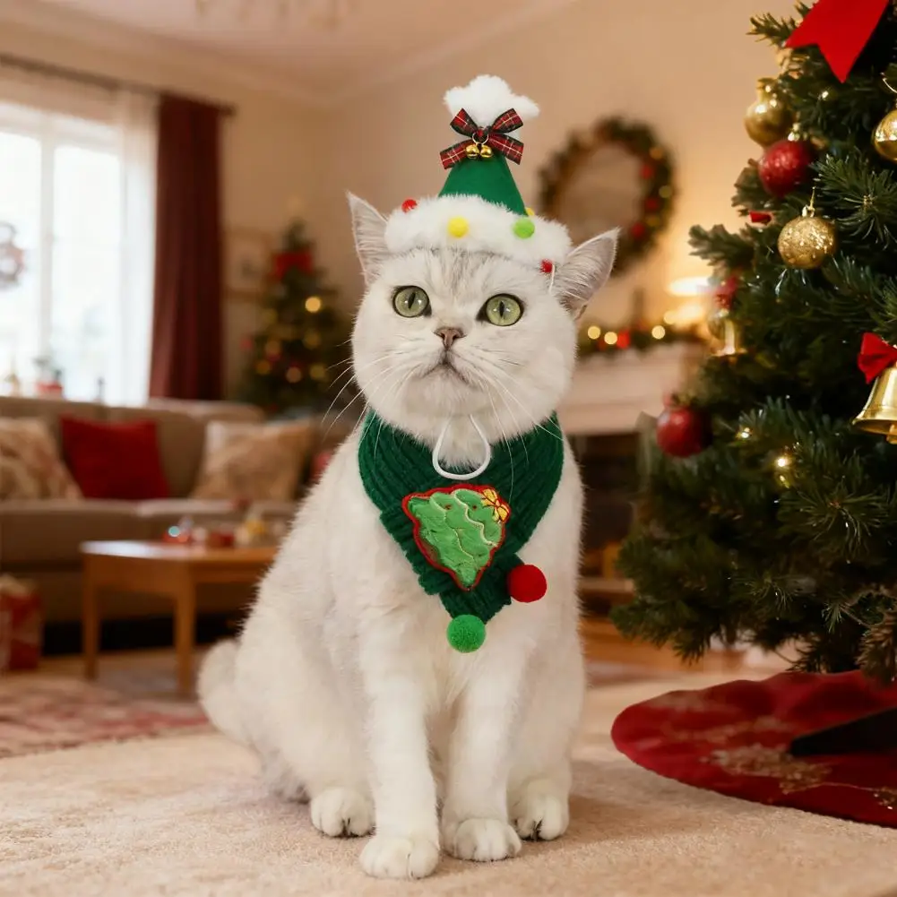 Holiday Themed Pet Accessory Festive Christmas Pet Scarf Set with Knitted Cat Scarf Pompom Accents Xmas Tree/santa for Holiday