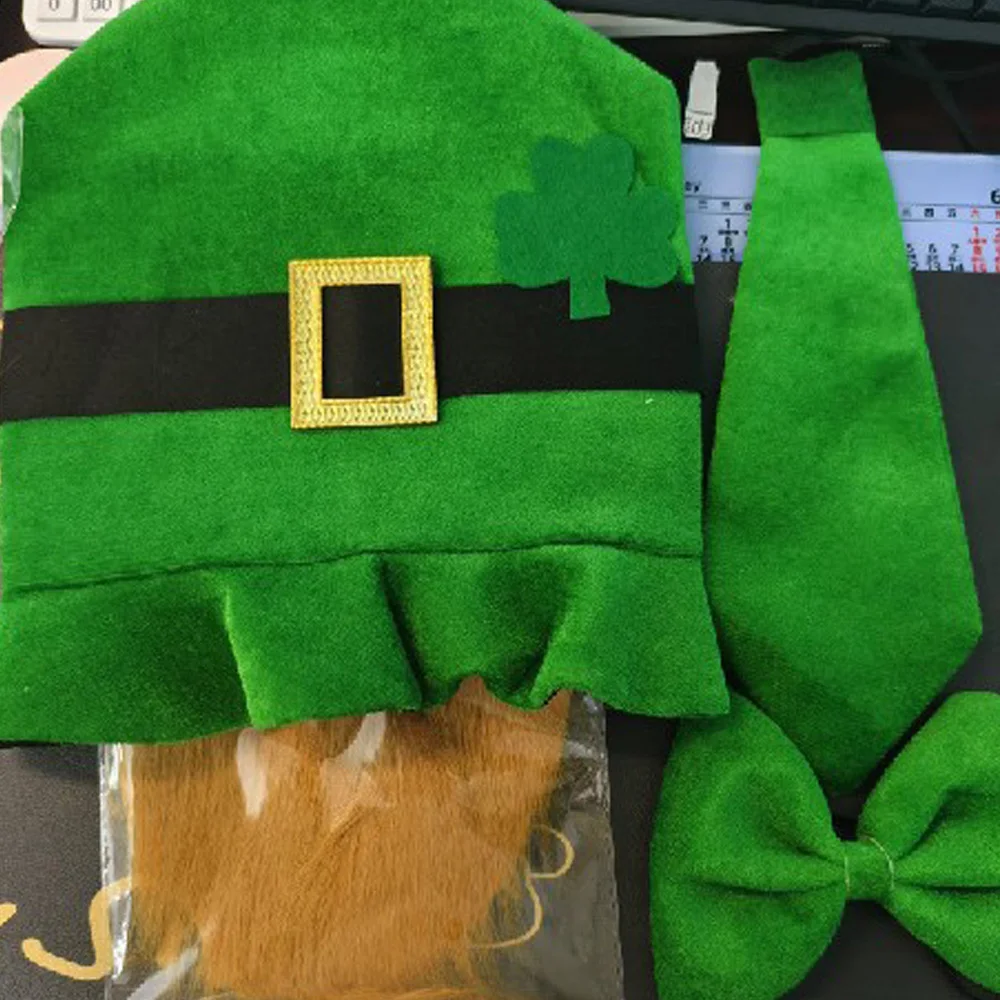 Dzień Świętego Patryka Zielony Kapelusz Krawat Broda Cosplay Irlandzki Festiwal Koniczyna Cylinder Garnitur Karnawał Halloween Party Kostium Rekwizyty
