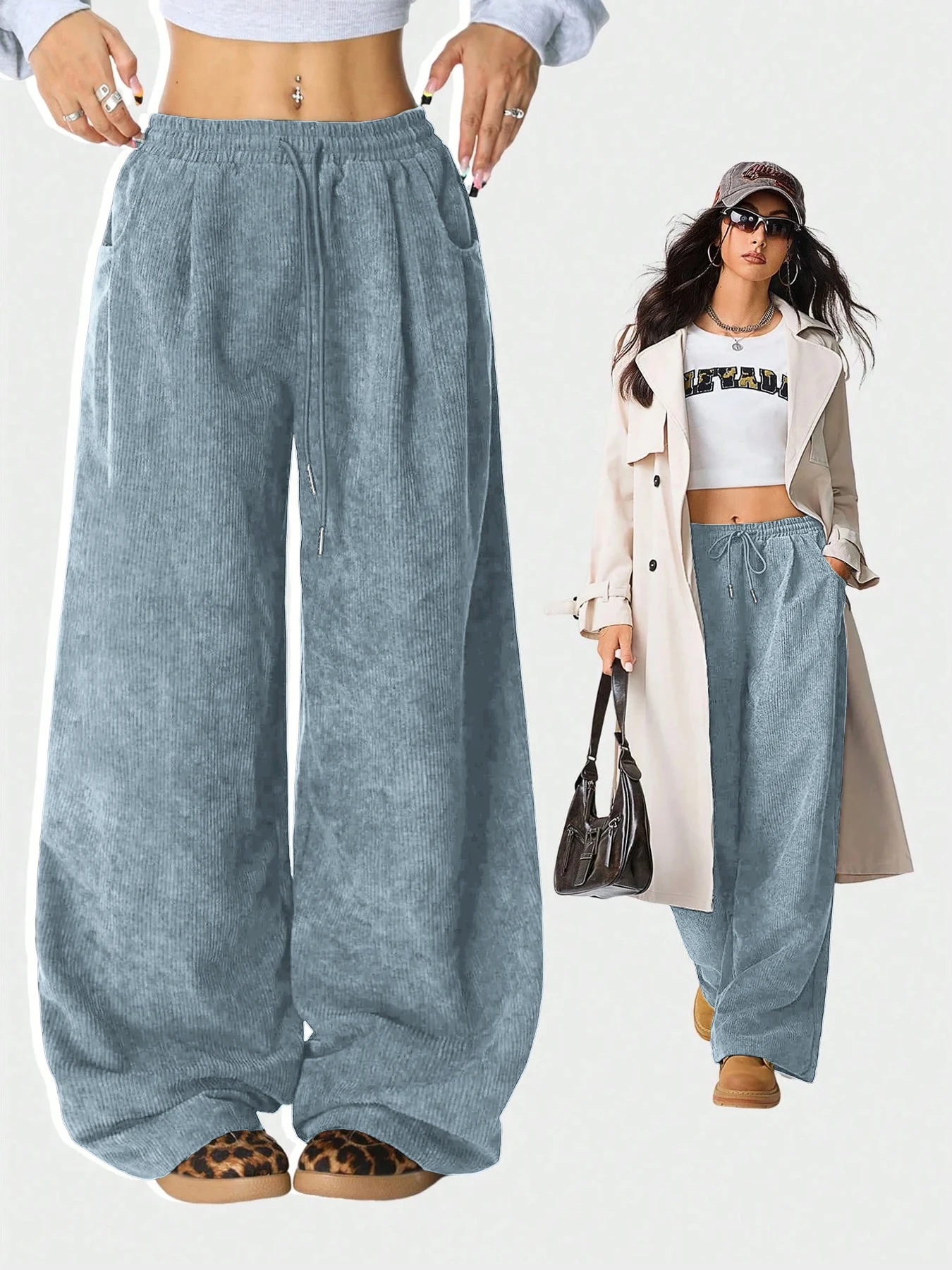 Damen Retro Cord Cargo-Hose Lässige Kordelzug Gerade Sporthose Fließende Alltags-Pendlerhose mit Weitem Bein – Detail 14