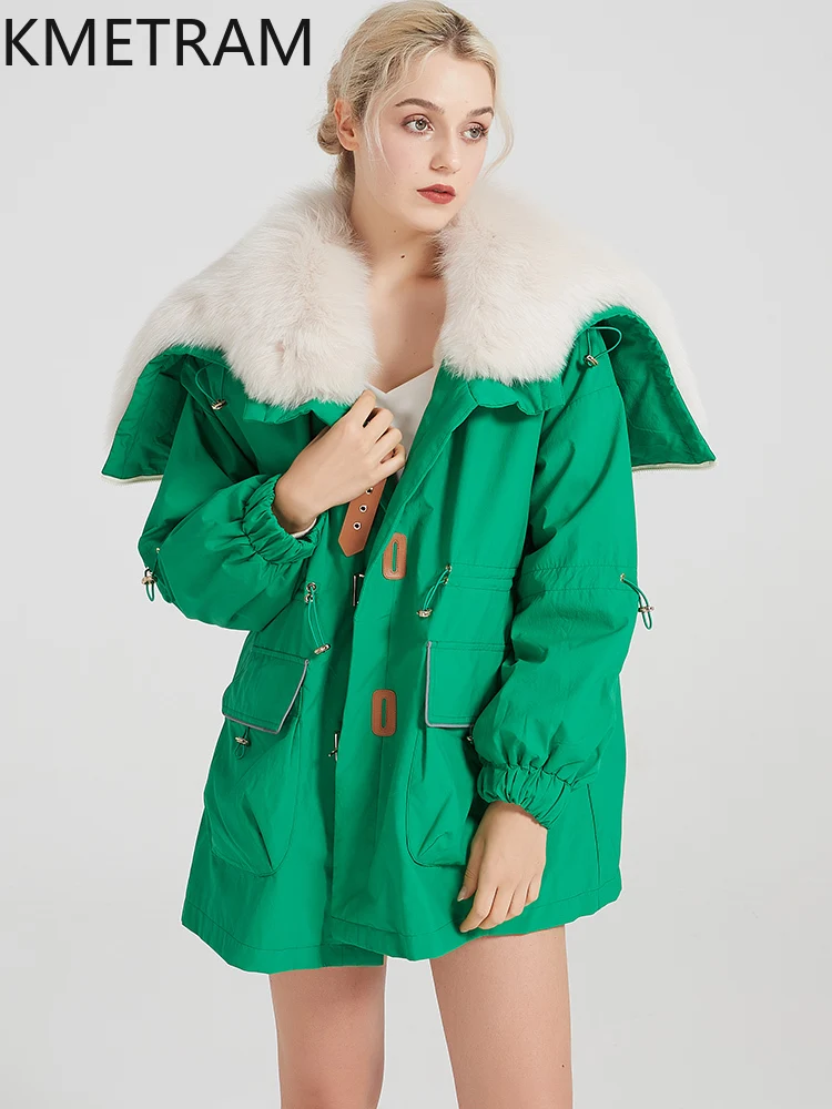 KMETRAM ملابس بطانة من فراء أرنب ريكس الطبيعي للنساء بياقة من فرو الثعلب سترة متوسطة الطول معاطف شتوية دافئة من الفرو لعام 2025