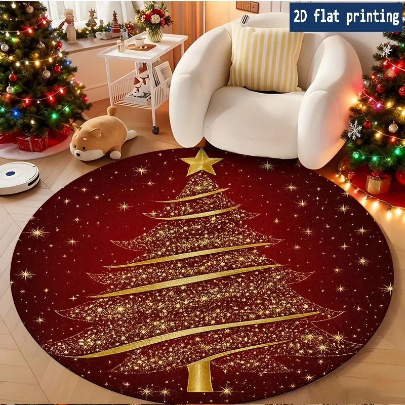 Luxury Golden Sparkle Pine Tree Burgundy Background Circular Rug for Bedside Sofa Chair Holiday Floor Mat Present Washable rug
