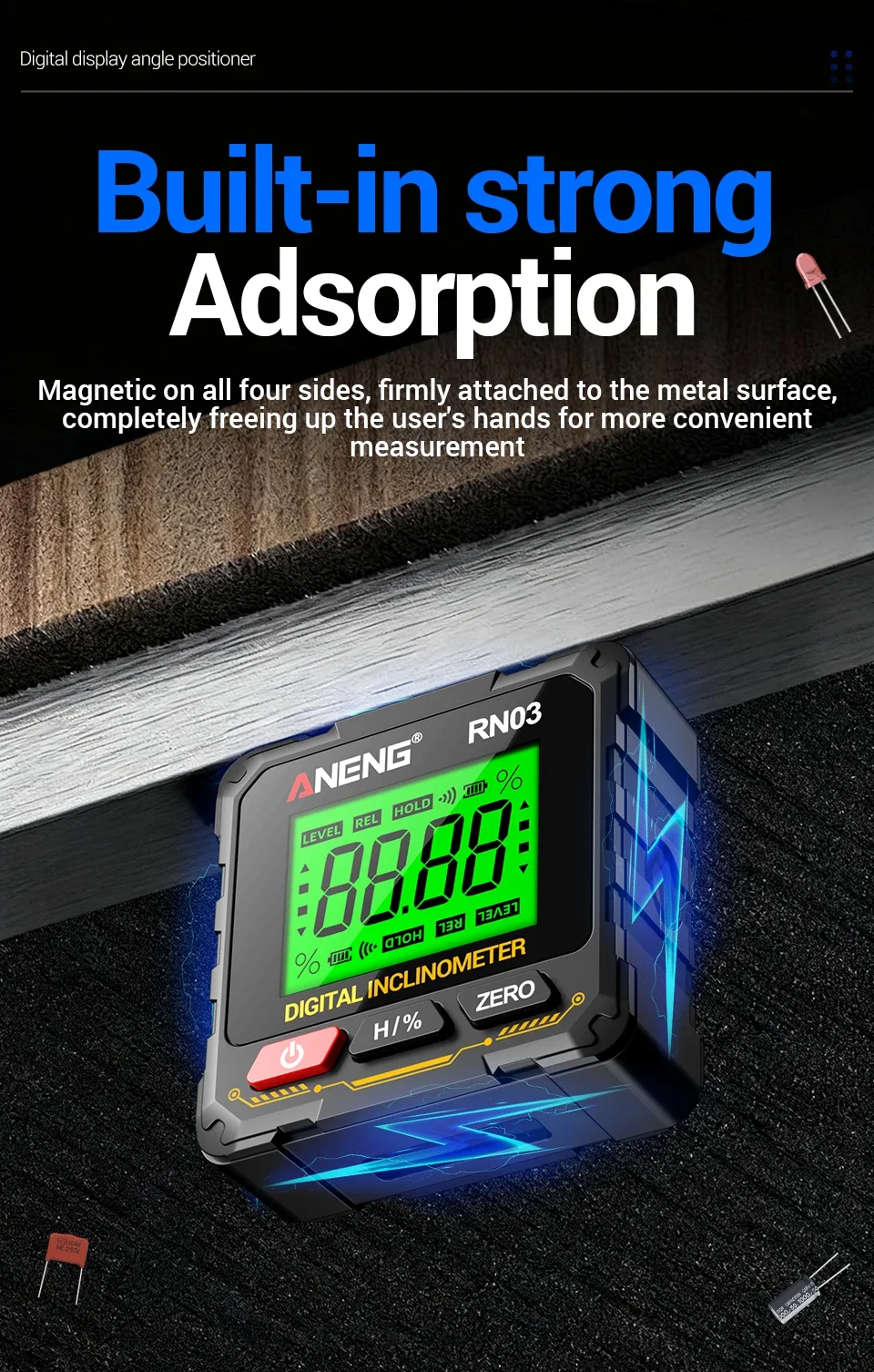 ANENG RN03 Handgehaltener Digitaler Winkelmesser Vierseitiger Magnet Horizontaler Laser Hintergrundbeleuchteter Bildschirm Wiederaufladbares Messgerät – Detail 13