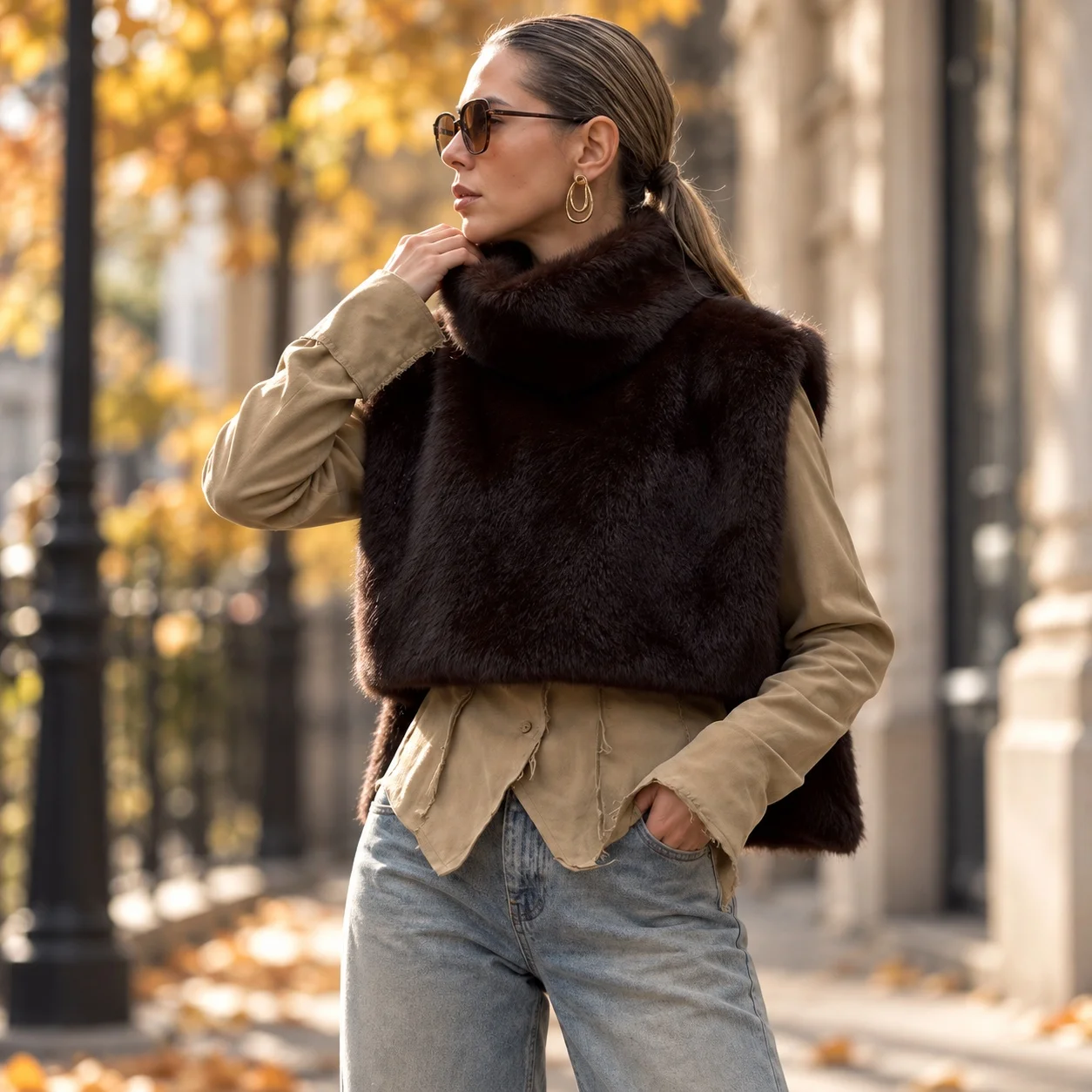 Pullover Sleeveless Top with Slim Fit Regular Length Private Celebrity Style Autumn Seamless Splice Patch Applique Women Coat