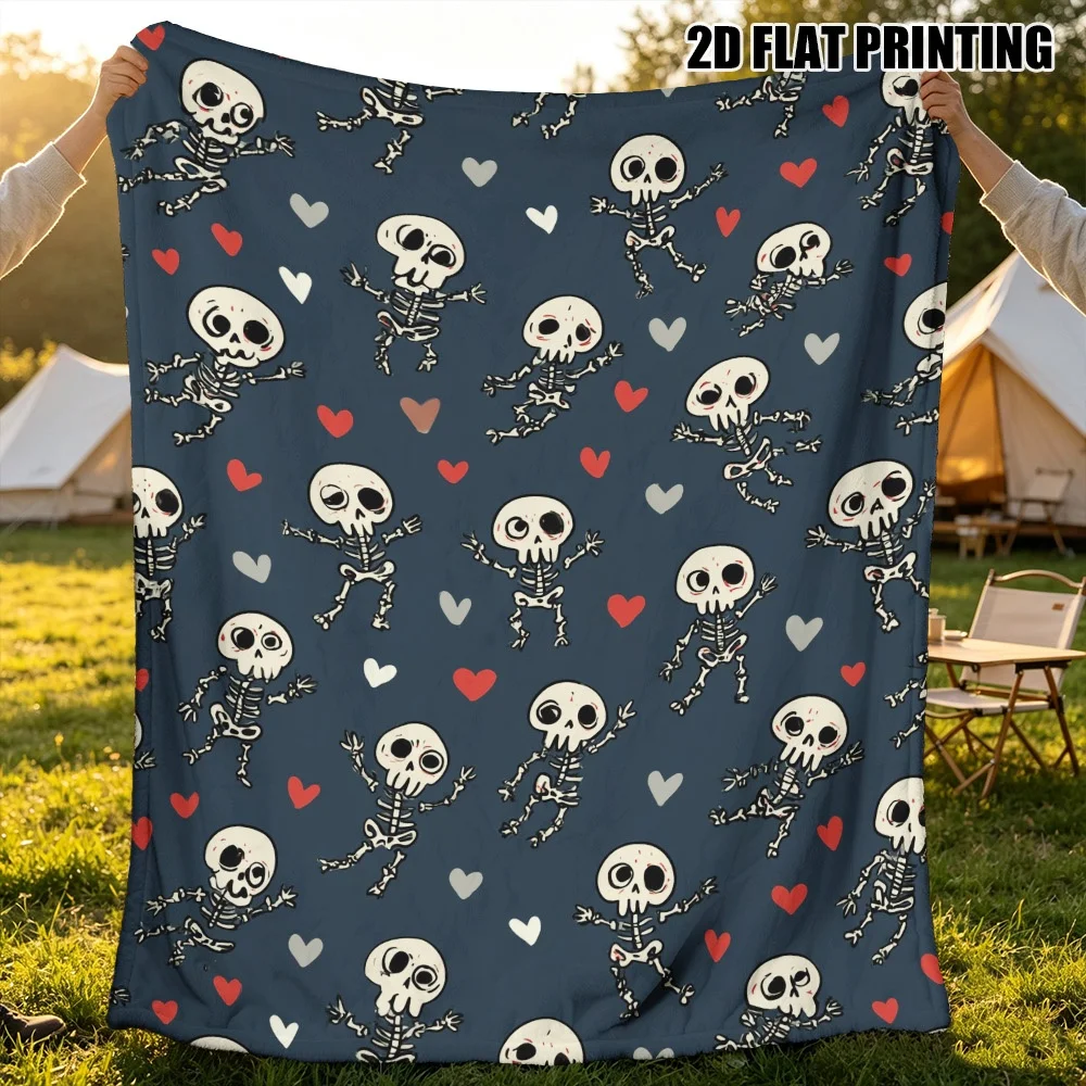 (2D Flat) 1pc Halloween Dancing Skeletons Flannel Blanket - Cozy, Portable & Warm, Ideal for Travel, Car & Outdoor Concerts, Mul