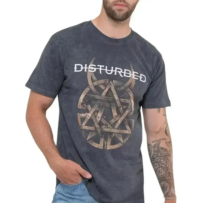 Disturbed T Shirt Riveted Band Logo New Official Mens Mineral Wash Charcoal Grey
