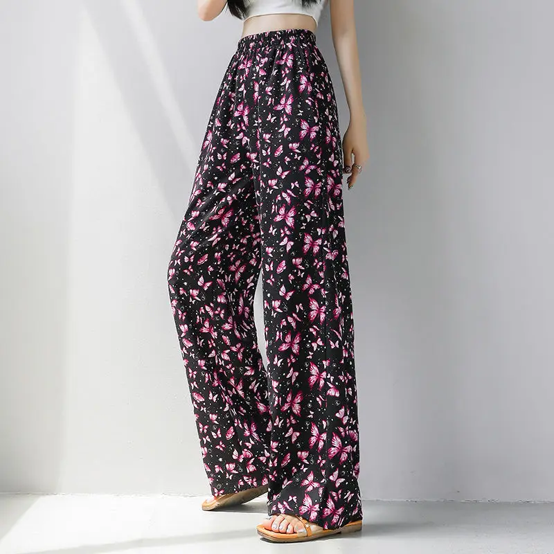 

2024 Summer Women's Leisure Fashion Elegant Commuting Loose Printed and Dyed High Waist Pocket Slimming Thin Wide Leg Pants