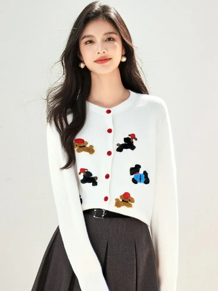 

Корейский модный жаккардовый вязаный кардиган для женщин, новинка 2025, осень-зима, свитер с круглым вырезом и длинными рукавами, трикотаж, топы, джемперы