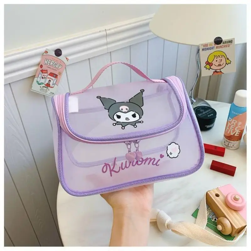 Sanrio Cute Mesh Cinnamoroll Handheld Makeup Bag Large Capacity Breathable Travel Toilet Cosmetics Storage Bag Fashion Portable