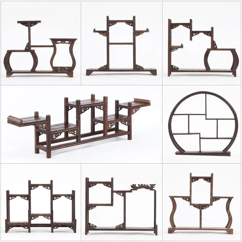 Chicken wing solid wood Chinese retro storage rack small multi treasure chest purple teapot tea set shelf racks display stand