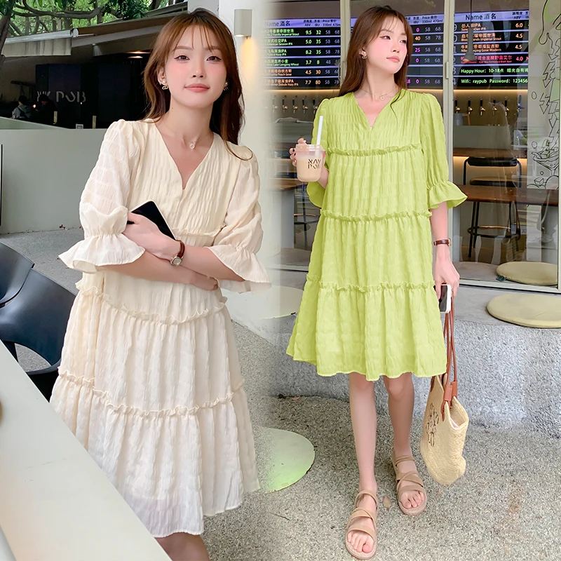 

Summer Maternity Dobby Evening Dress Short Flare Sleeve V-neck Sweet Pregnant Woman Ball Gown Dress Short Pregnancy Party Dress