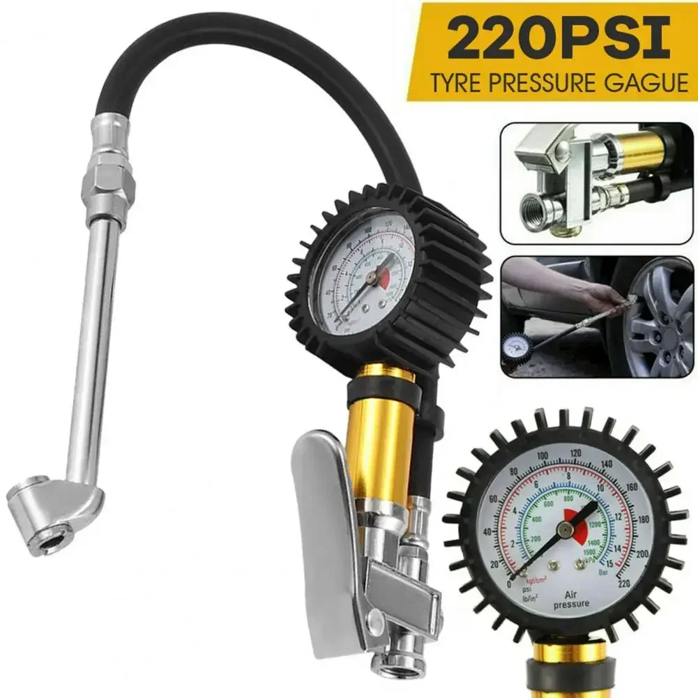 Luggage Tire Meter Wear-resistant Thickened Hose Dual Scale Display Manual High Precision Stable 220PSI Tire Pressure Gauge for
