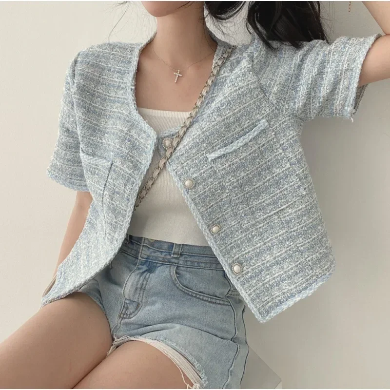Blazers Femininas O Neck Short Sleeve Blue Tweed Jacket Cropped Cardigan Tops Suit Summer Plaid Shirt Women Casual Coat Korean