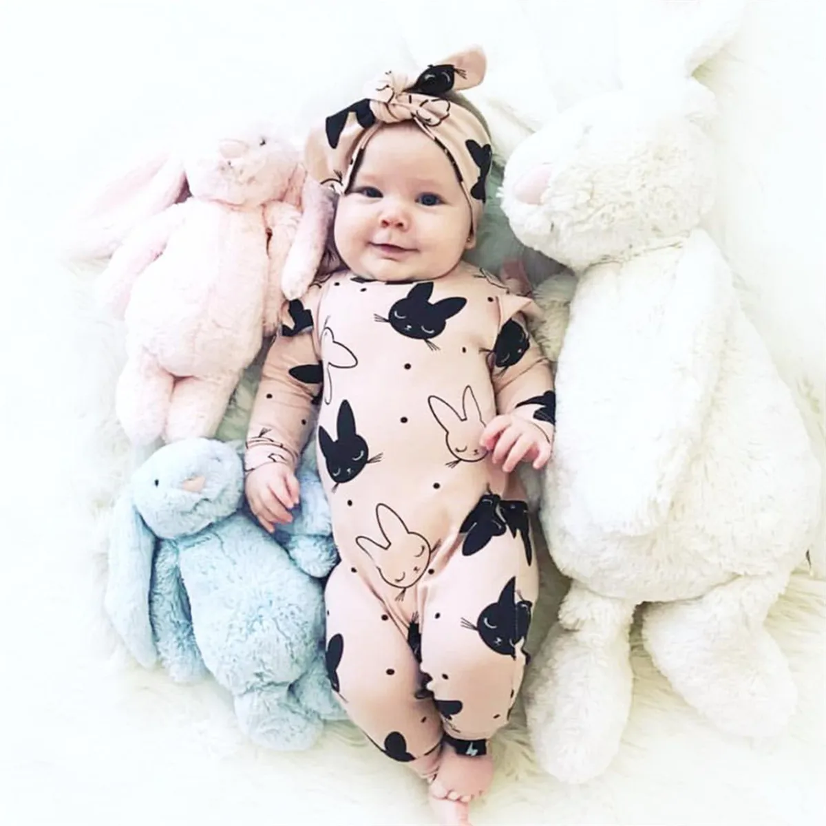 New Spring Autumn Newborn infant Baby Girls Cotton Cute Long Sleeve Romper Jumpsuit with Headband 2pcs Outfit Clothes Set