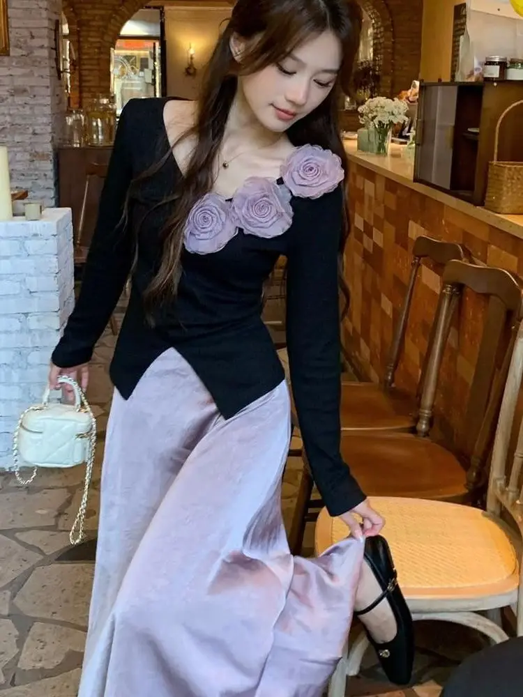 

Элегантный комплект из двух предметов: топ с V-образным вырезом и атласная юбка, украшенные цветочным узором и сложной вышивкой, для женщин, весна-осень.