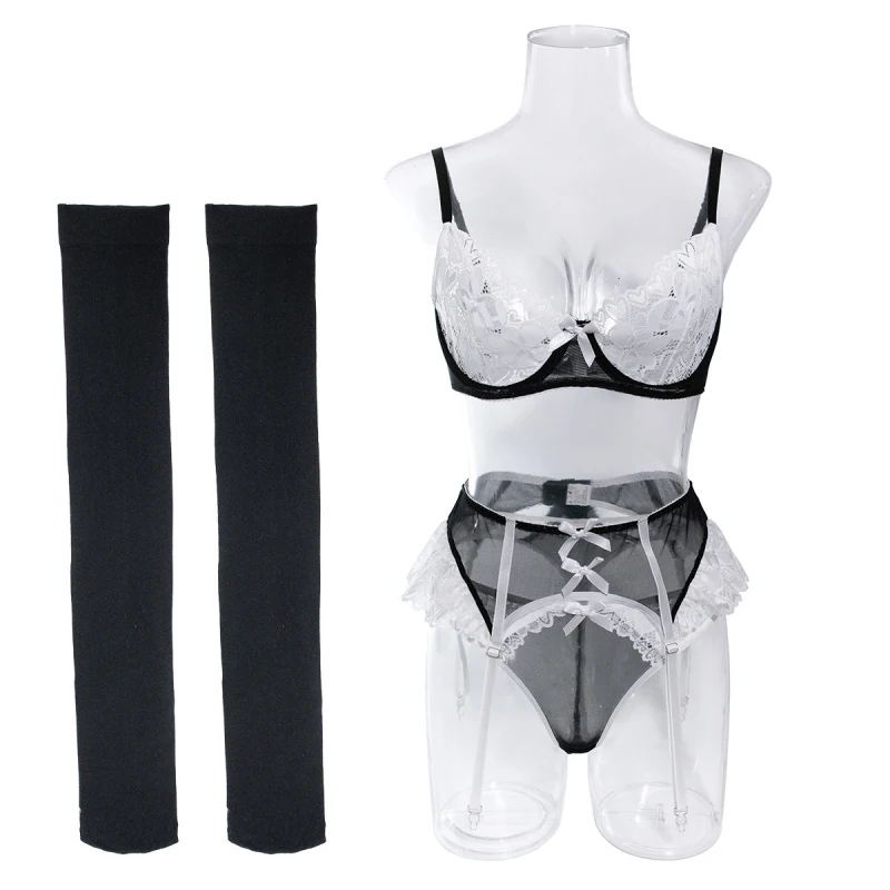 

Bikini fashion sexy lace see-through contrast color patchwork maid lingerie set with stockings