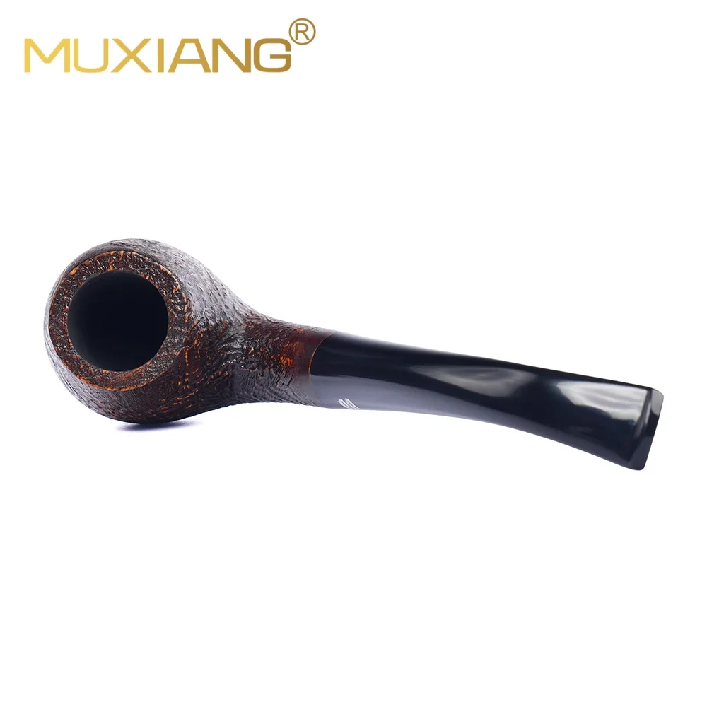 MUXIANG Briar Wood Bent Apple Tobacco Pipe Sandblasted Curved Tapered Acrylic Mouthpiece 9mm Carbon Filter Clearance Sale