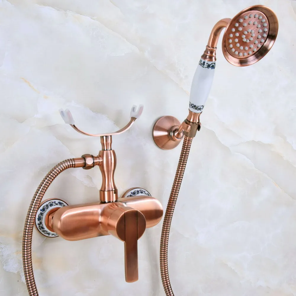 Red Copper Antique Bathroom Shower Faucet Bath Faucet Mixer Tap With Hand Shower Head Set Wall Mounted Bna351