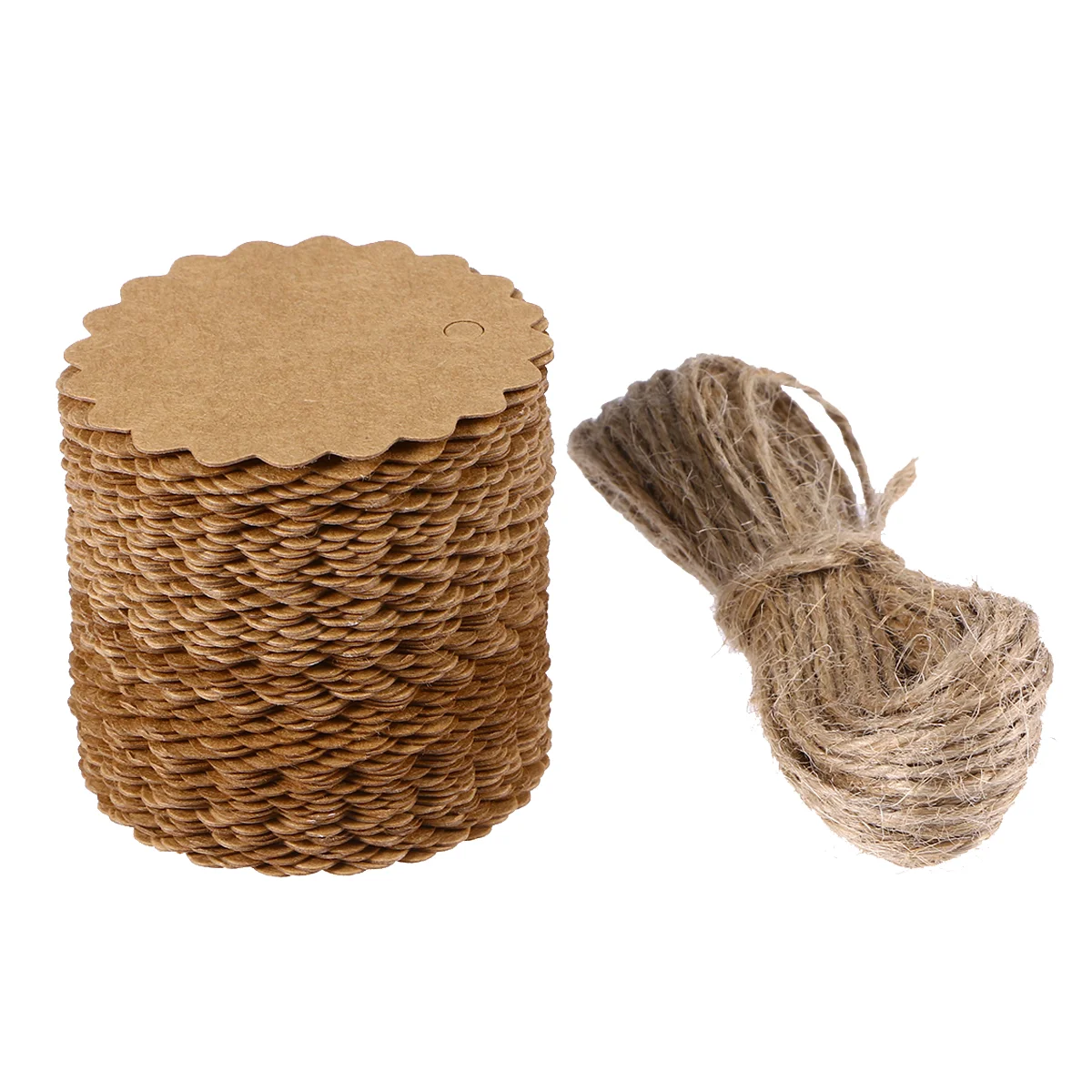 100pcs 60mm Round Scalloped Kraft Paper / Gift Tag / DIY Tag / Luggage Tag / Price Label with 10M Jute Twine (Brown)