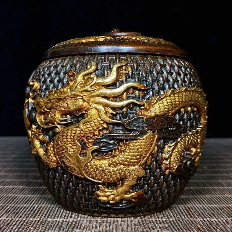 

4" China Collection Nice Art Work bronze Gilt dragon statue tea canister