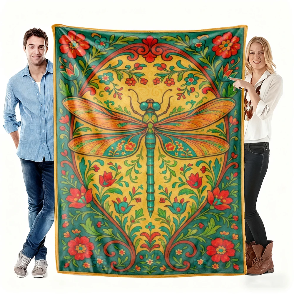 Vibrant Floral Dragonfly Flannel printed blanket suitable for all seasons suitable for living room office sofa and travel