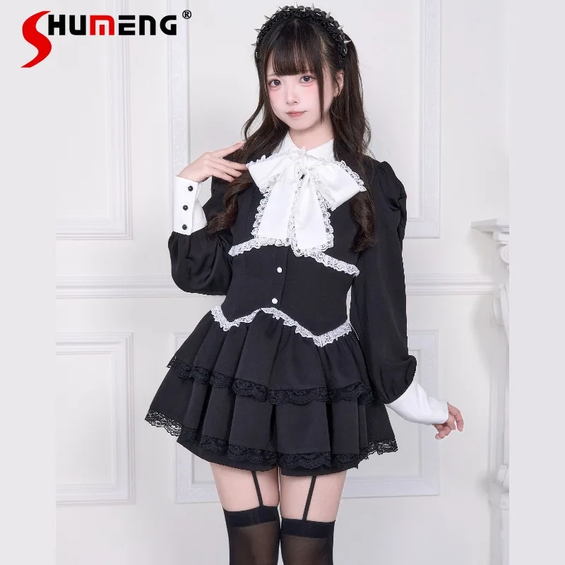 

Original Japanese Subculture Bowknot Lace Dresses Mass-Produced Mine Series Puff Sleeves Single-Breasted Dress Shorts 2-Pcs Set