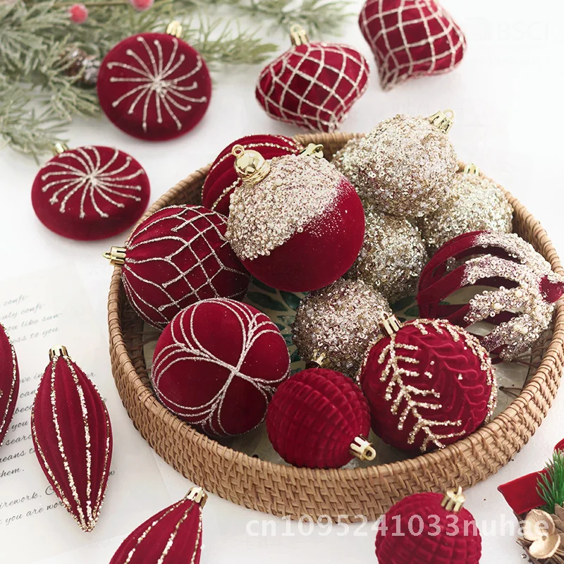 

Dark Red Christmas Tree Decorative Ball Pendant Flocking Painted Special-Shaped PVC Light Luxury Christmas Ball Ornament