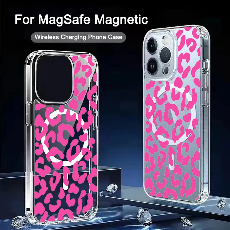 

Retro pink leopard print Pattern Magnetic Magsafe Transparent Phone Case For iPhone 16 15 14 13 12 11 Pro Max 14 15 16Pro Fundas