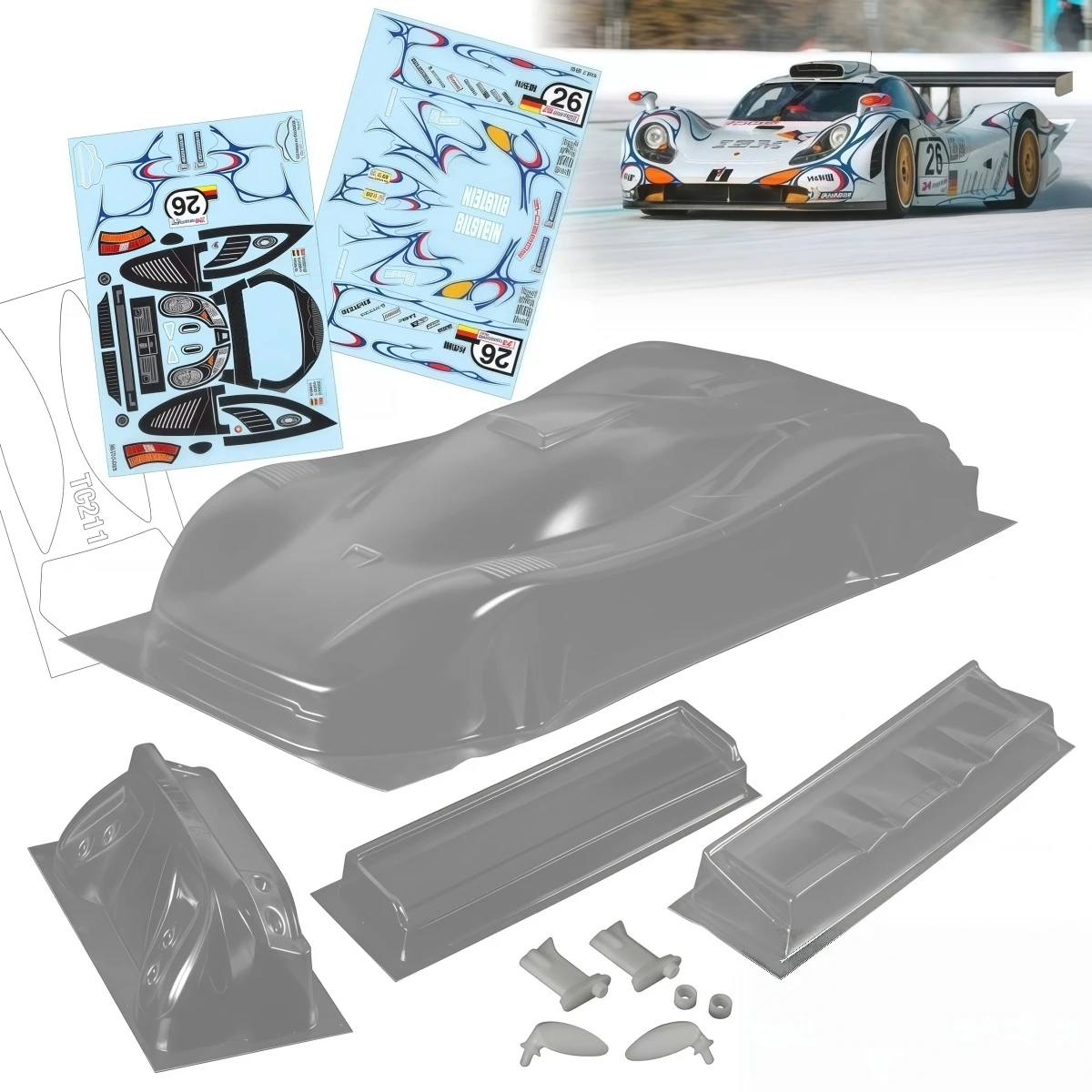 TC211 1/10 911 GT1 LM Clear PC Body Shell 190mm Width 258mm Wheelbase RC Touring Car Body with Rear Wing Light Buckles and Decal
