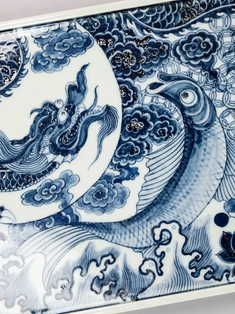 Chen Tong's Works Antique Yuan Blue And White Hand-Painted Shuanglonghui Jingdezhen Handmade Ceramic Tray Tea Table
