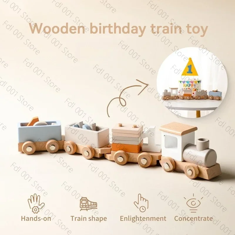 Wooden Birthday Milestone Train Toy Smooth Polished Surface Decorative Photo Prop for Baby Birthday Shooting Scene Decoration